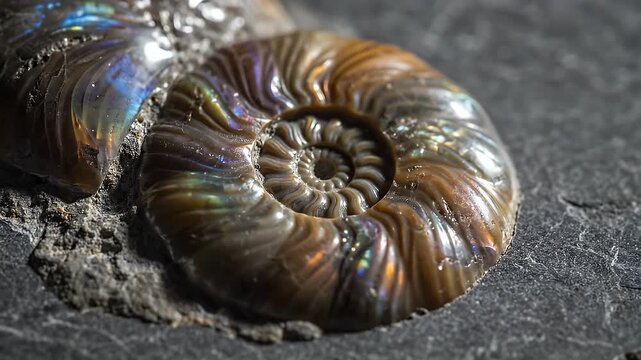 Close-up of iridescent ammonite fossil on dark stone
