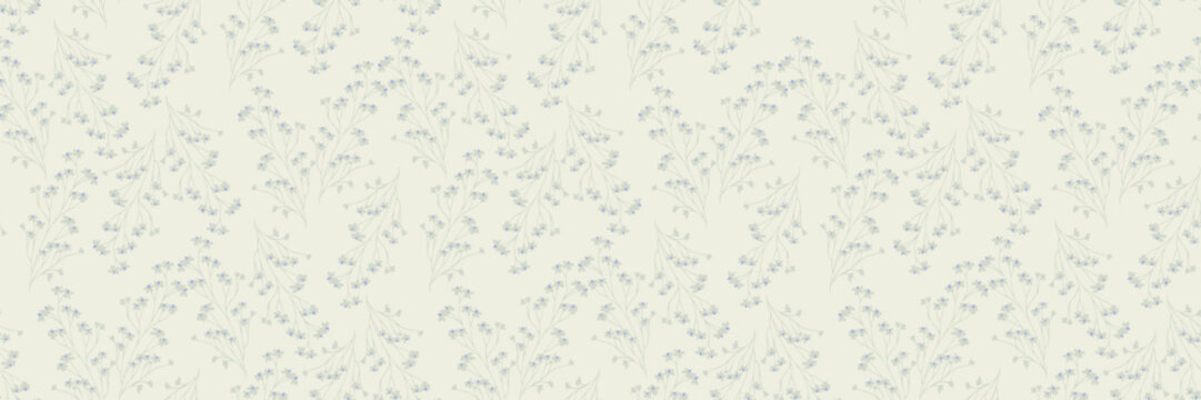 Seamless vector pattern with soft grey green floral branches and tiny blue blossoms on a light cream background, creating an elegant, airy and natural botanical design for modern decor
