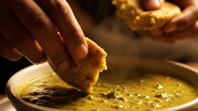 Hands holding and breaking a piece of flatbread closely