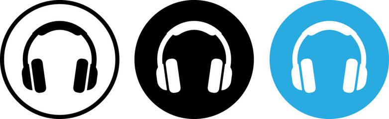 Headphones icons in black and blue circles for audio design