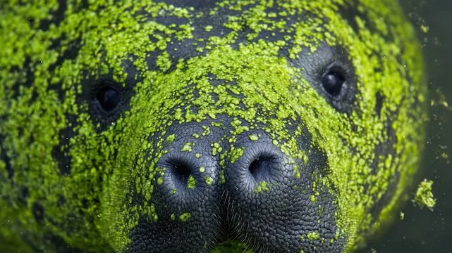 Close-up of a sea creature's snout, covered with green algae, eyes focused