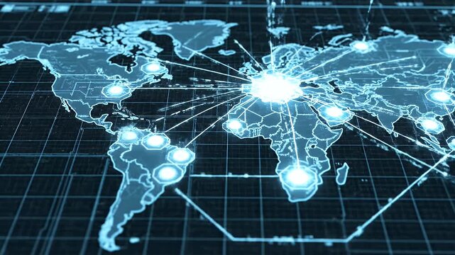 Global network map with bright connections radiating from central hubs