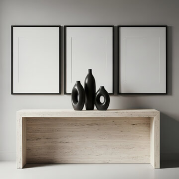Mockup Minimalist Three Frame Triptych on Wall - interior, poster, design, gallery, wood