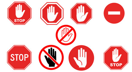 Fototapeta premium Stop hand sign icon set – no entry and prohibition hand gesture vector collection