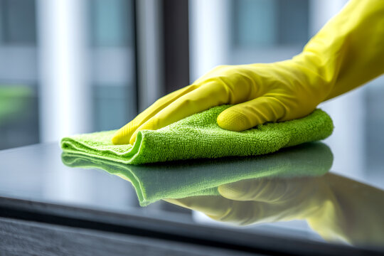 Escena de limpieza profesional que transmite higiene, mantenimiento impecable y servicios de calidad en espacios modernos y luminosos.Mano con guante amarillo limpiando superficie de cristal con pa&ntilde;o 