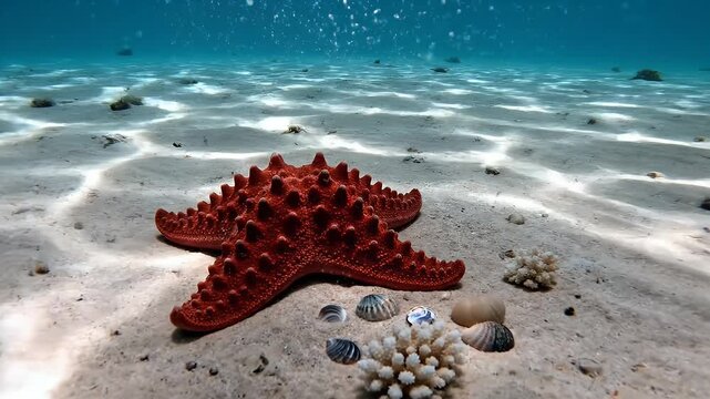 Red Starfish Underwater Scene - A red starfish rests on the sandy ocean floor with small shells and coral. Light filters through the turquoise water creating wavy patterns on the sand.