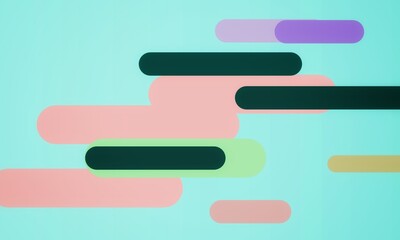 Fototapeta premium Vibrant and playful abstract composition featuring horizontal rounded rectangular shapes. Soft pastel palette of pink, green, and purple on a light turquoise background.