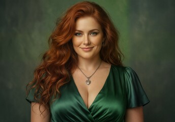 Naklejka premium stunning red-haired woman with a gentle smile wearing an elegant green dress and silver heart necklace on a blurred background.
