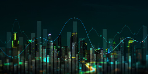 Digital City Skyline with Financial Data Analytics and AI-Driven Economic Trends Visualization.