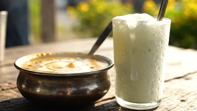 Traditional indian savory dish in a bronze bowl served alongside frothy chilled yogurt lassi drink for an authentic ethnic food experience