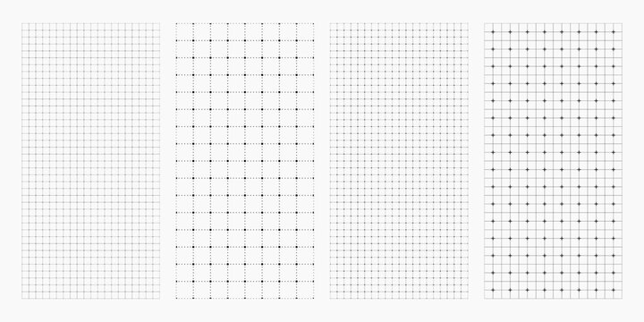 Blueprint black graph seamless pattern set. Multiple square grid paper backgrounds with fine lines. Technical notebook textures for math, planning and diagrams.