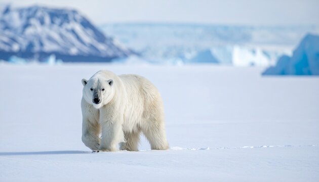 Polar bear walking on ice floe with icy mountains in background, arctic wildlife