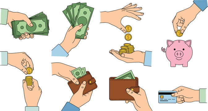 Hand drawn colorful hands holding money cash wallet and coins for financial savings vector illustration, cad drawing flat vector illustration