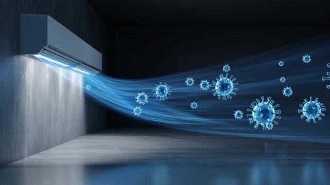 An air conditioning unit operates in an empty room, effectively removing airborne viruses and pollutants for cleaner air quality