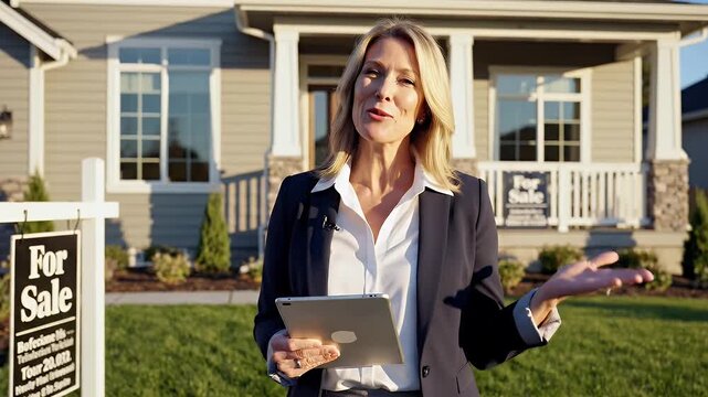 Real Estate Agent in Front of House - A female real estate agent stands in front of a home with a "For Sale" sign, holding a tablet. She is smiling and appears to be engaging with potential buyers.