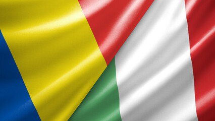 Obraz premium Romania and Italy two national flags filling the entire frame, close-up view, edge-to-edge composition