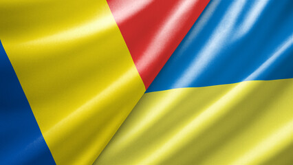 Fototapeta premium Romania and Ukraine two national flags filling the entire frame, close-up view, edge-to-edge composition