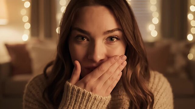 Surprised Woman at Home - A young woman with long brown hair, wearing a sweater, covers her mouth with her hand, seemingly in surprise. Background blurred with soft, warm lights.
