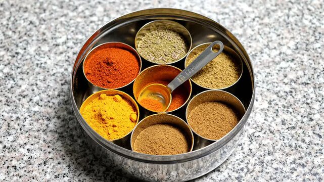 Traditional indian masala dabba spice box filled with assorted colorful powders including turmeric, chili, cumin, and coriander.
