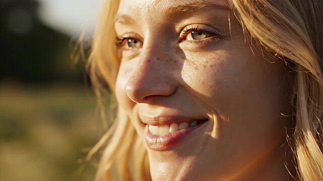Sun-Kissed Woman Smiling Portrait - A close-up shot captures the beautiful face of a fair-skinned woman with freckles and blonde hair, illuminated by sunlight.