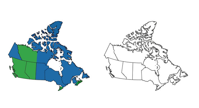 Canada Map Outline with Provinces Highlighted in Blue and Green