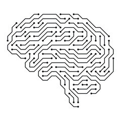 Illustration of a digital brain made from electrical wiring nodes, symbolizing the connection between technology and human thinking and highlighting the combination of digital and cognitive concepts.