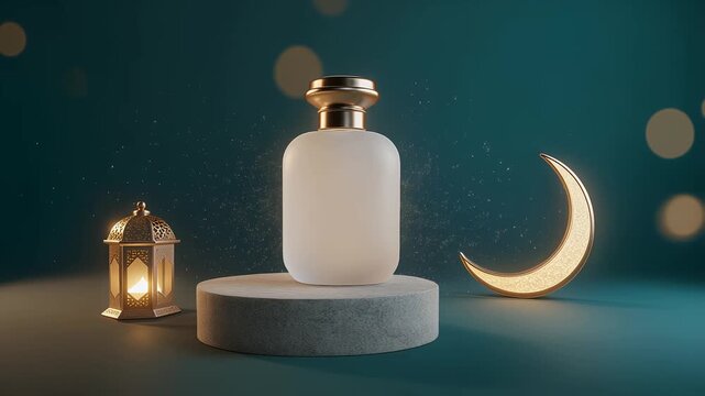 Perfume Bottle On Podium With Eid Lantern And Crescent Moon