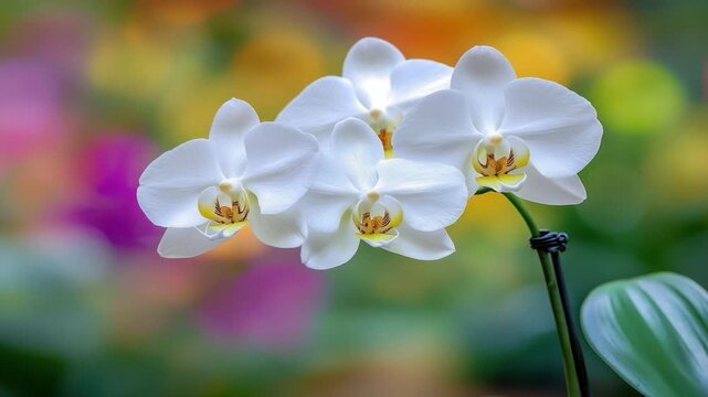 Delicate white moth orchids bloom against a vibrant, blurred background, with a green stem and leaf