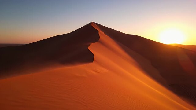 A solitary dune crests under the warm glow of a desert sunset, casting long shadows