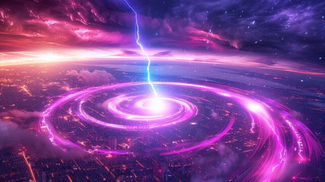 A purple and pink swirl of light and clouds with a bright blue lightning bolt in the center. The sky is filled with a mix of colors and the city below is lit up with neon lights