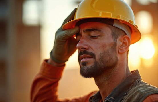 Construction worker sweats and wipes forehead, tired from intense labor on sunny day. Man wears hard hat and work clothes, showing fatigue. Building site background.