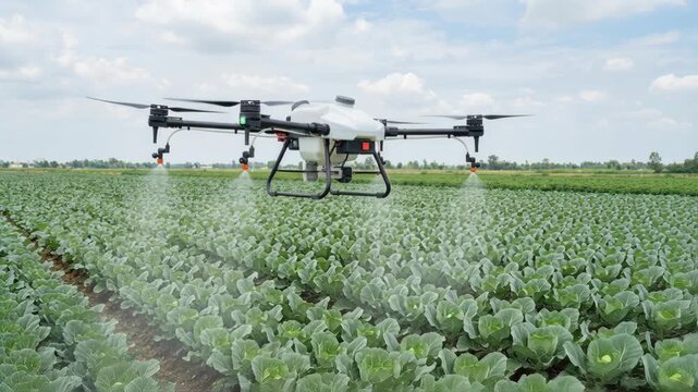Autonomous agriculture drone spraying pesticide over vegetable crop and cabbage field with precision for efficient crop care and vegetable field
