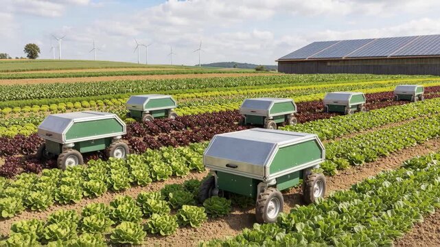 Autonomous agriculture robot harvester harvests lettuce sustainable field with solar barn wind turbines creating efficient modern cultivation