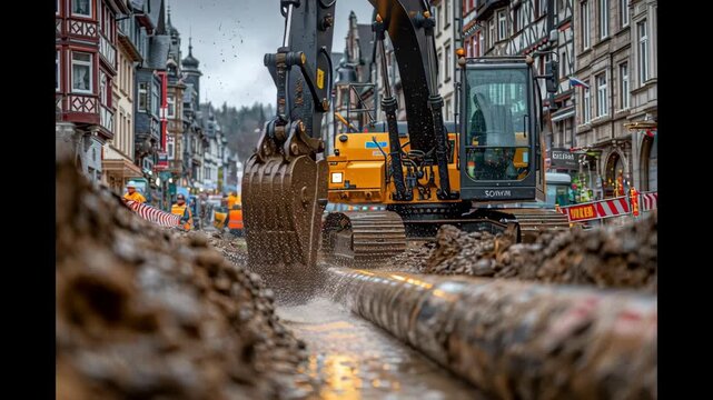 Excavator digging in urban street construction site, removing soil and debris from trench while workers in safety gear manage the project in the background