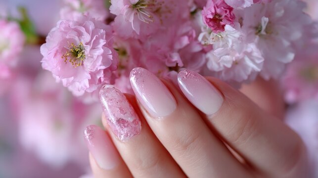 Womans hand with manicured nails holding pink flowers