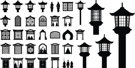 asian, japan, japanese, china, chinese, lantern, pagoda, temple, shrine, gate, torii, architecture, building, culture, traditional, silhouette, black, icon, vector, design