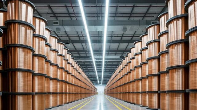 Industrial facility interior with neatly stacked copper wire spools, modern and sleek style, metallic colors, large-scale manufacturing and efficiency concept