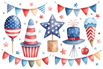 Obraz premium 4th of July Celebration Elements with Patriotic Hats and Decorations on White Background