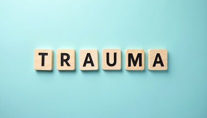 Wooden tiles spell out the word TRAUMA on a plain blue background. Symbolizing challenges, overcoming hardship, and mental health awareness.