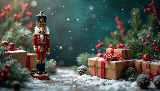 Wooden nutcracker soldier stands amid snow dusted gifts and pine branches. Red ribbons adorn boxes with festive Christmas decorations. Winter holiday scene unfolds with joyful anticipation.