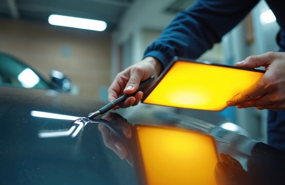 Auto mechanic uses PDR tools to remove car body dent. Technician works in garage at vehicle repair. Closeup of hands fixing auto damage with light panel.