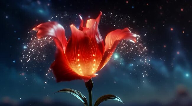 A stunning red flower glowing amidst a magical sparkling dark cosmic background