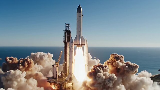 Rocket Launch with Smoke and Ocean Backdrop - A rocket launches into space, surrounded by a cloud of smoke, steam and fire. In the background, there is a clear blue ocean and a clear blue sky.