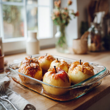 Freshly Baked Whole Apples with Golden Caramel Glaze in Glass Baking Dish on Wooden Kitchen Countertop, Delicious Homemade Autumn Dessert in Rustic Interior Setting with Natural Light from Window