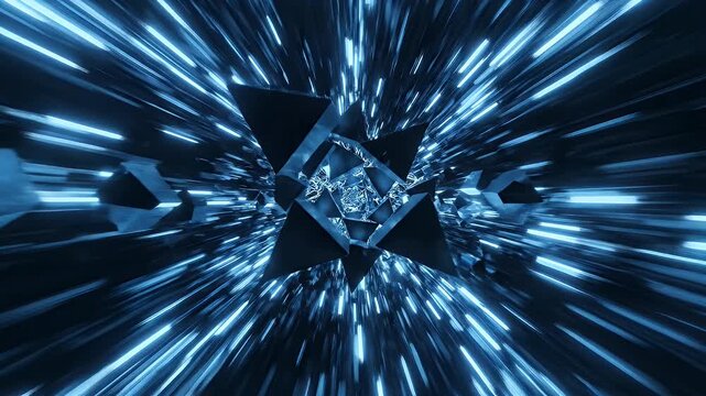 Abstract Blue Triangular Tunnel - This video showcases an abstract tunnel of glossy blue triangles, creating a hypnotic and futuristic visual.