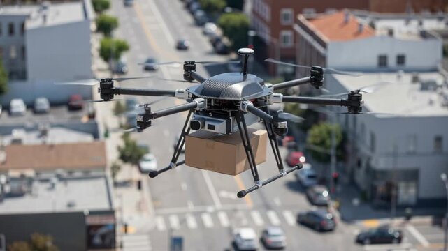 Autonomous drone delivers parcel above urban city street bringing fast contactless delivery with carbon fiber hexacopter and cardboard package