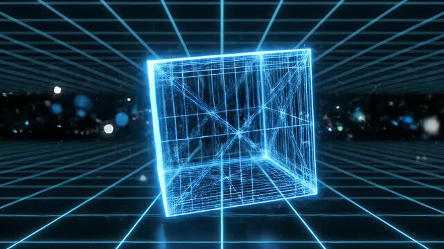 Abstract Glowing Wireframe Cube in Virtual Space - This video features a glowing blue wireframe cube suspended in a virtual space.