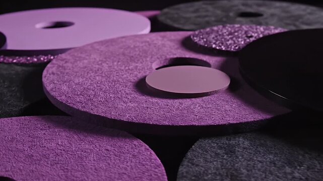 Abstract Circular Elements in Purple and Black - This close-up shot showcases a variety of circular elements in shades of purple, black, and gray, each with a central hole.