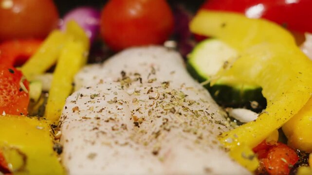Slow motion herbs falling onto wild caught atlantic Cod fillets with mediterranean diet vegetables. Peppers, onions, courgette, tomatoes. High quality healthy food videography.