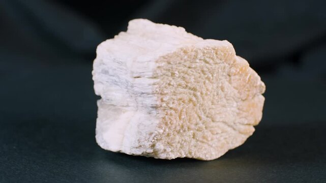 A piece of selenite mineral on black background rotating view